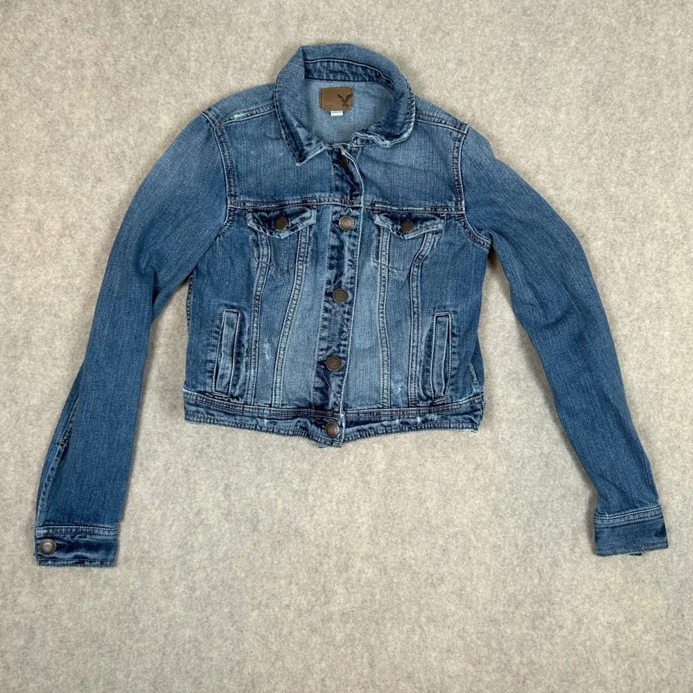 American‎ Eagle Denim Jacket Womens Small Blue Distressed Cotton Trucker